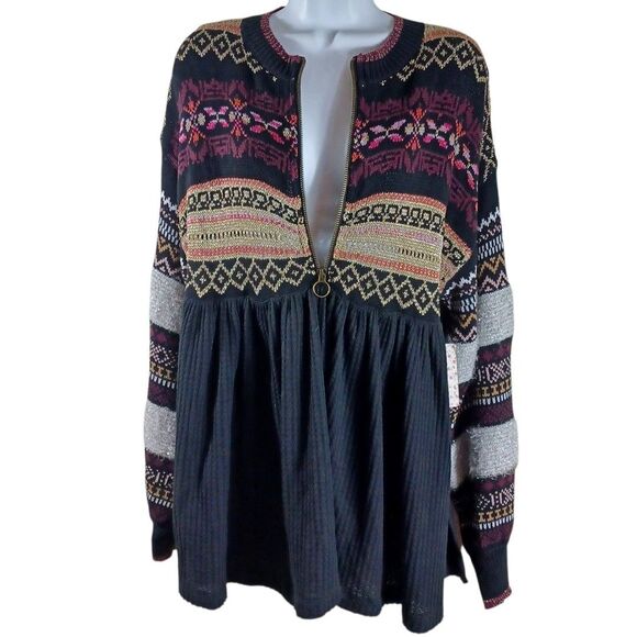 NWT Free People S Cabin Fever Zip Sweater Black Metallic Fair Isle Boho Thermal - Picture 3 of 12